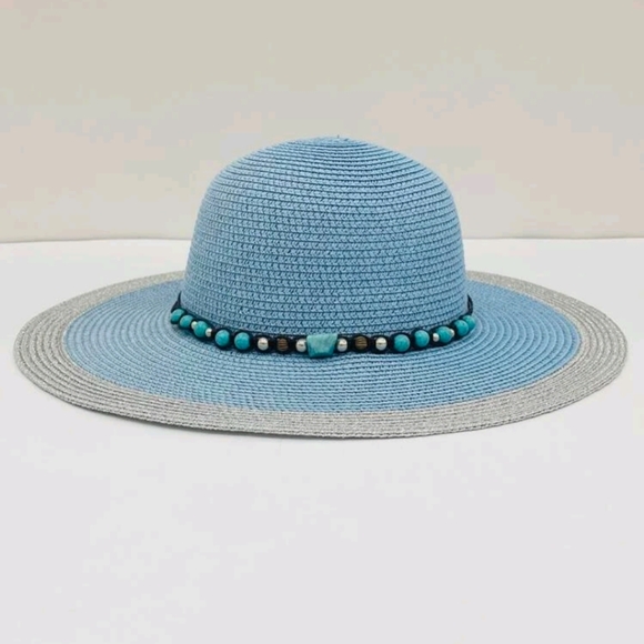 Floppy Hat Color block Blue Silver Shimmer Faux Turquoise Stone Beads - Picture 6 of 7